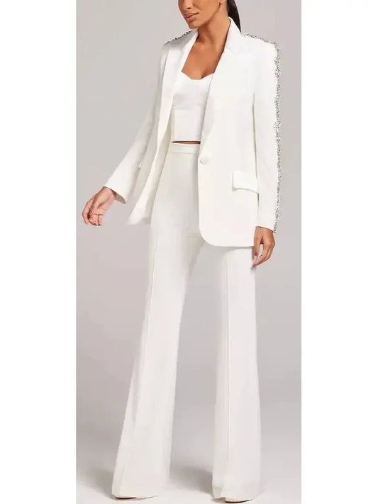 Rhinestone-Embellished Single-Breasted Blazer and Pant Suit White - Suits & Sets
