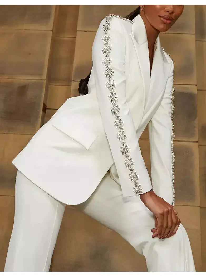 Rhinestone-Embellished Single-Breasted Blazer and Pant Suit White - Suits & Sets