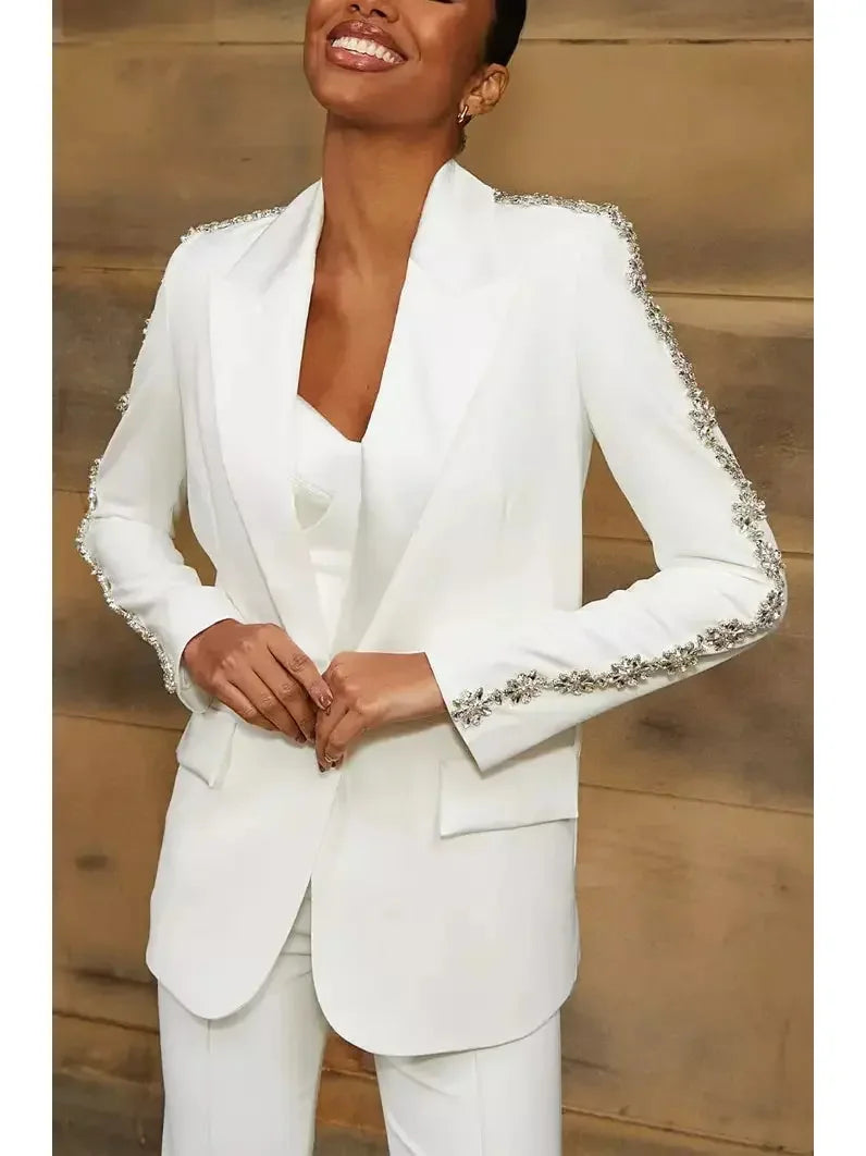 Rhinestone-Embellished Single-Breasted Blazer and Pant Suit White - Suits & Sets