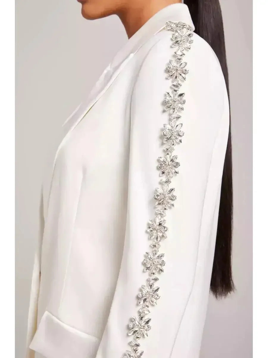 Rhinestone-Embellished Single-Breasted Blazer and Pant Suit White - Suits & Sets