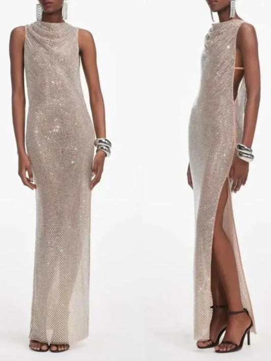 Rhinestone-Embellished Sleeveless Draped Gown - Dresses