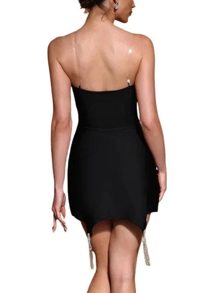 Rhinestone-Embellished Zip-Front Mini Dress in Black - Dresses