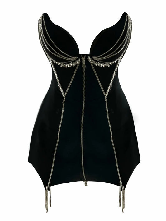 Rhinestone-Embellished Zip-Front Mini Dress in Black - Dresses