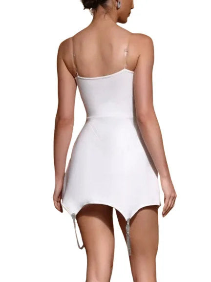 Rhinestone-Embellished Zip-Front Mini Dress in White - Dresses