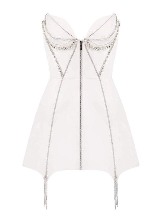 Rhinestone-Embellished Zip-Front Mini Dress in White - Dresses