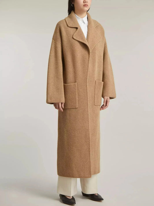 Rib Knit Long Oversize Cardigan Coat in Beige - Coats