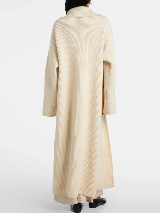 Rib Knit Long Oversize Cardigan Coat in Cream - Coats