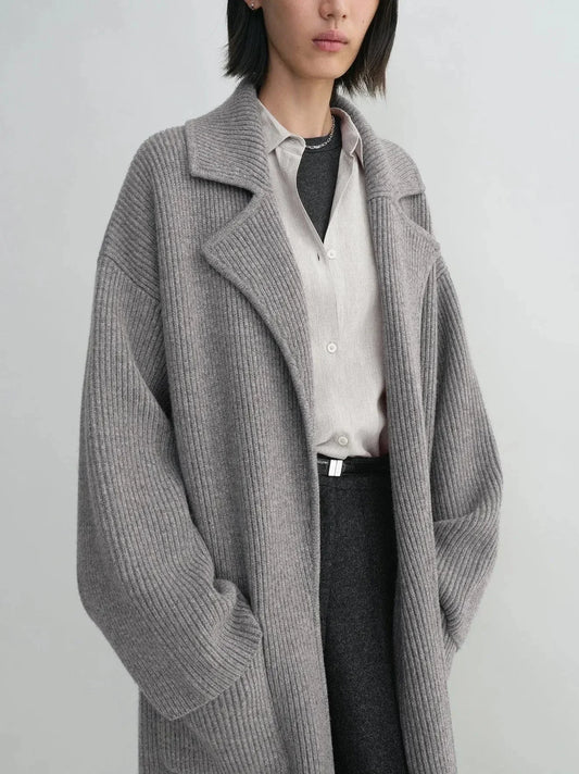 Rib Knit Long Oversize Cardigan Coat in Grey - Coats