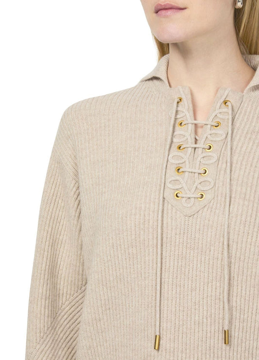 Beige Ribbed Eyelet Lace-Up Knit Sweater with stylish lace-up detail