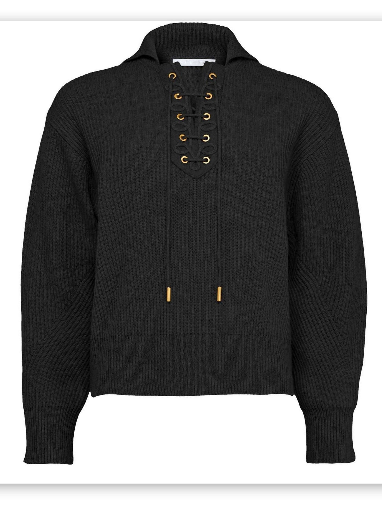 Navy Ribbed Eyelet Lace-Up Knit Sweater featuring stylish lace-up details