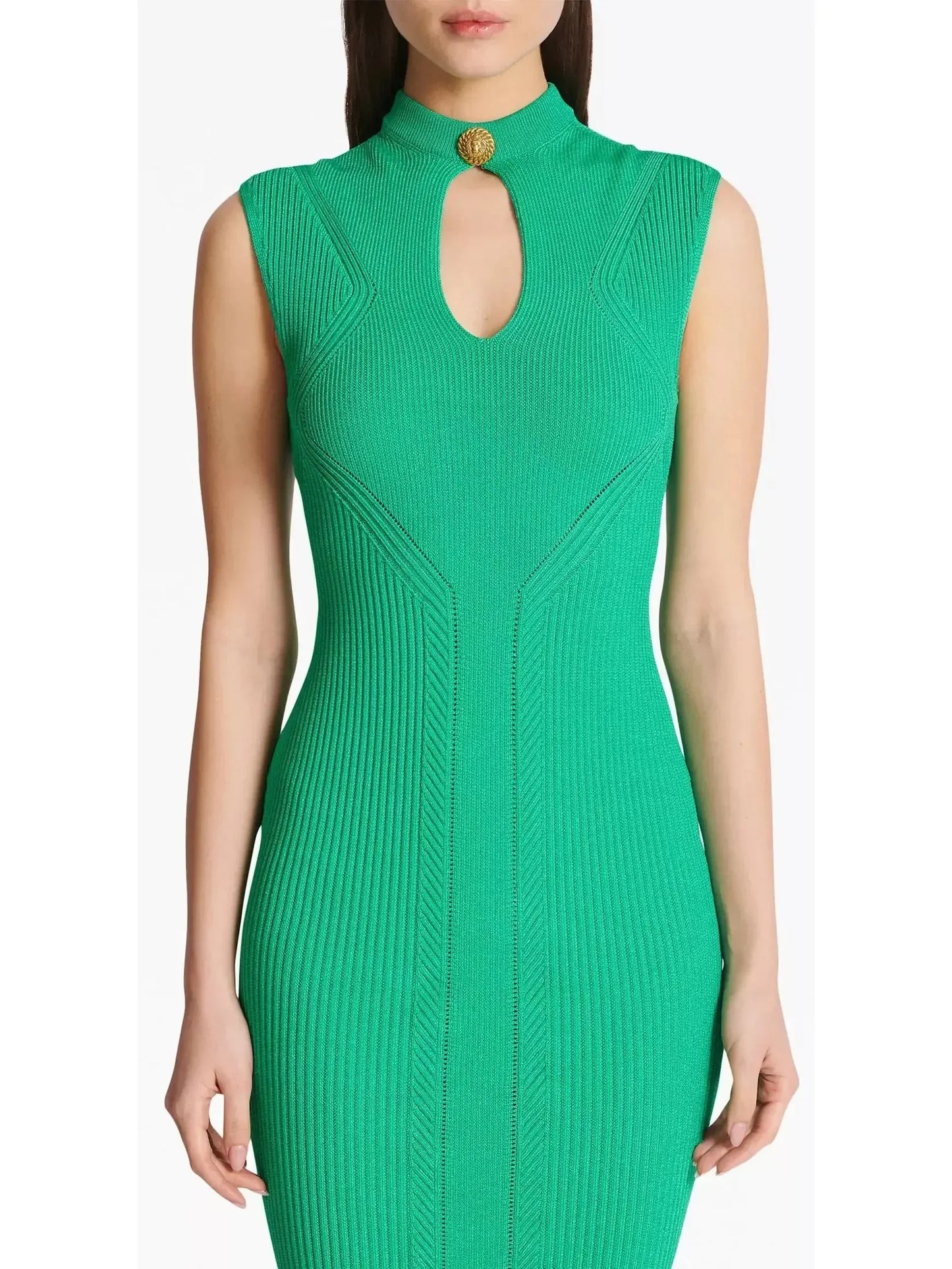 Ribbed-Knit Key-Hole Midi Dress in Green - Dresses