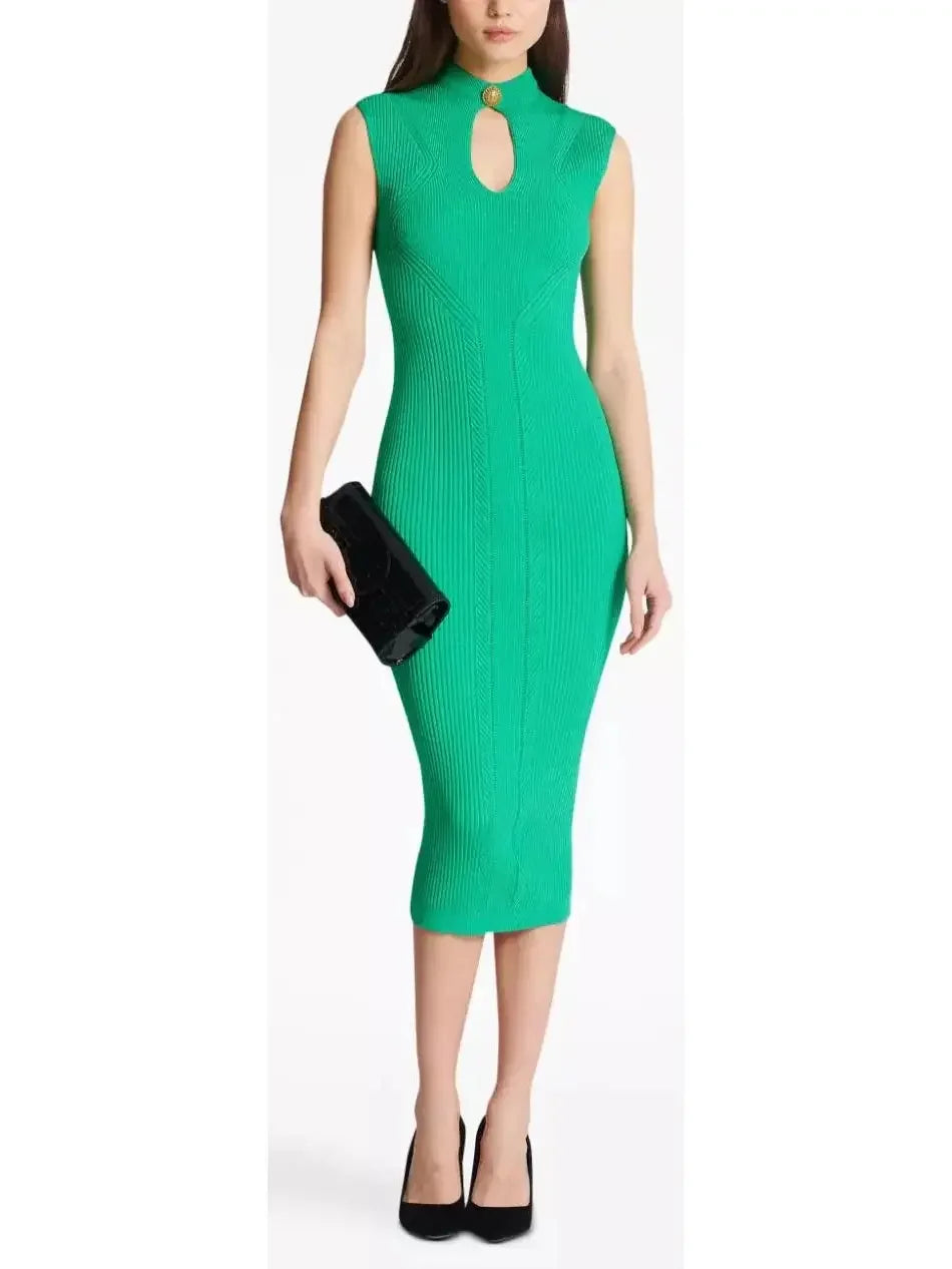Ribbed-Knit Key-Hole Midi Dress in Green - Dresses