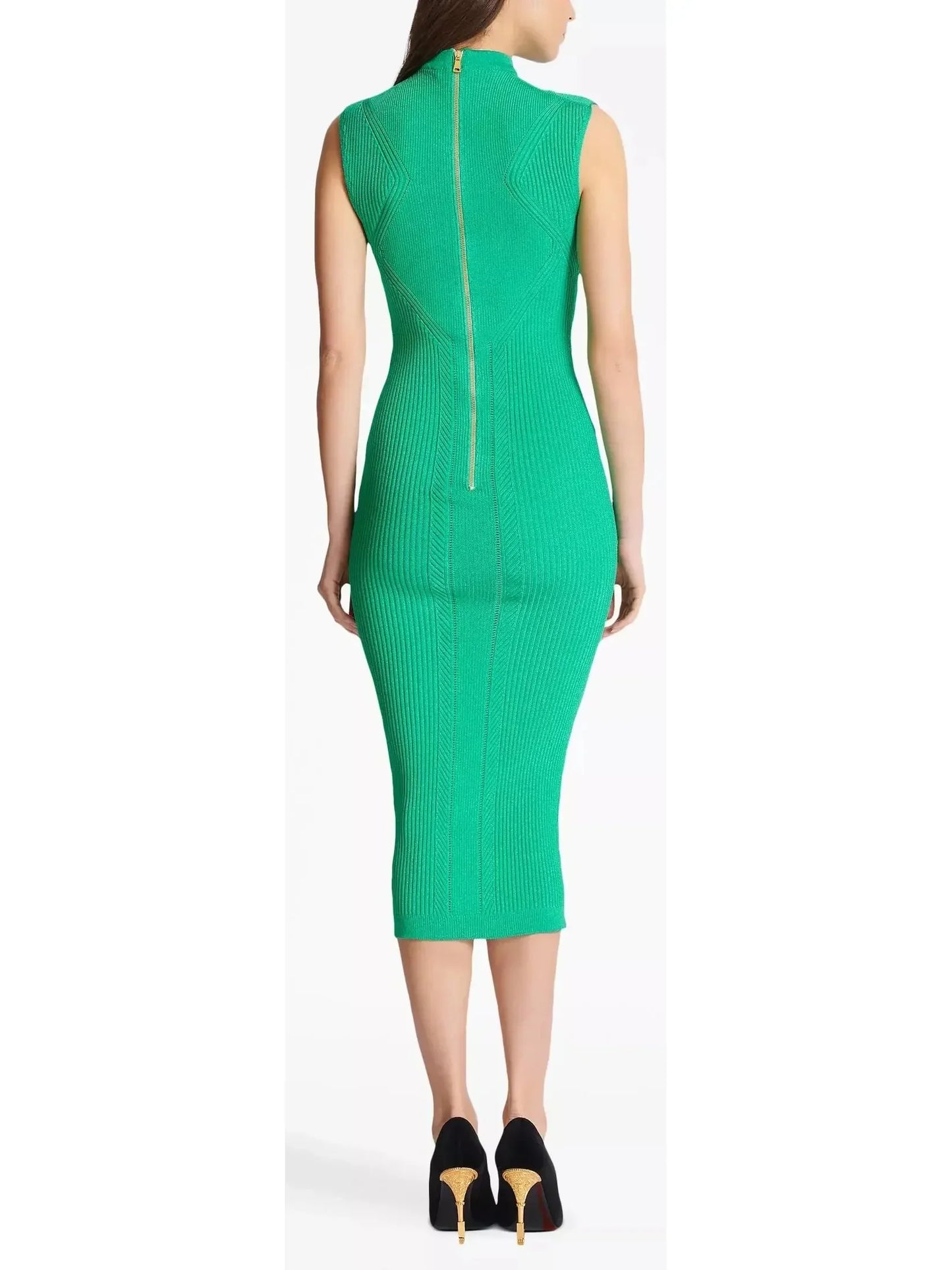 Ribbed-Knit Key-Hole Midi Dress in Green - Dresses