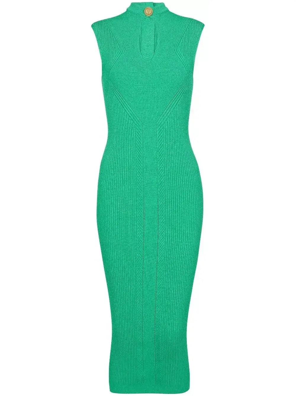 Ribbed-Knit Key-Hole Midi Dress in Green - small - Dresses