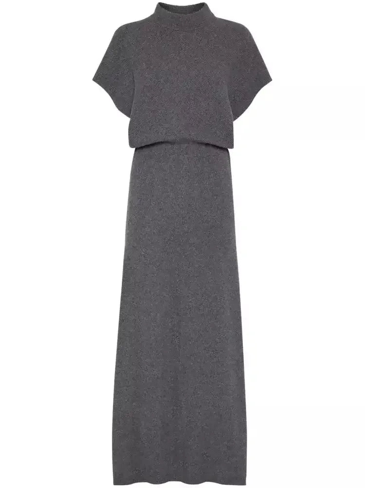 Ribbed Knit Mock-Neck Long Dress in Grey - Dresses