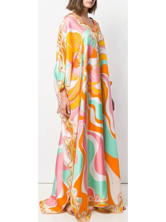 Rivera Long Kaftan Dress in Orange and Multi - Dresses
