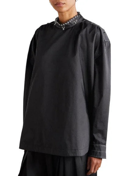 Rivet-Embellished High-Neck Black Blouse - Tops