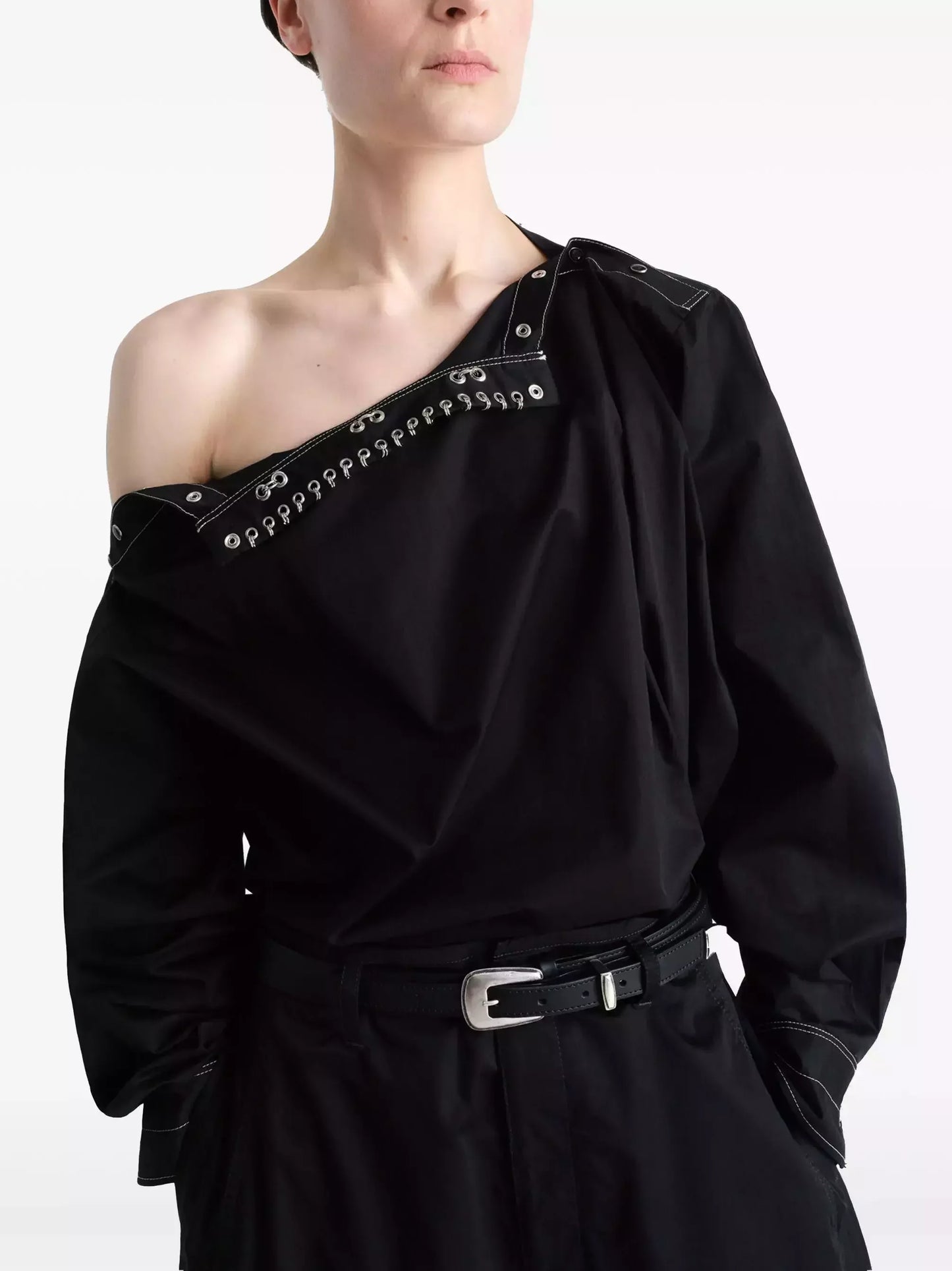 Rivet-Embellished High-Neck Black Blouse - Tops