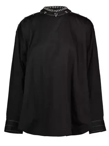 Rivet-Embellished High-Neck Black Blouse - Tops