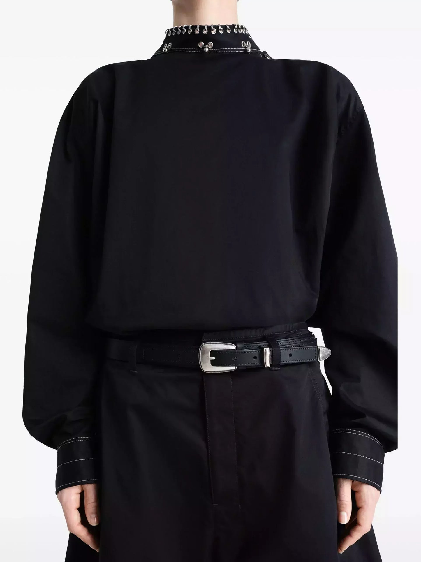 Rivet-Embellished High-Neck Black Blouse - Tops
