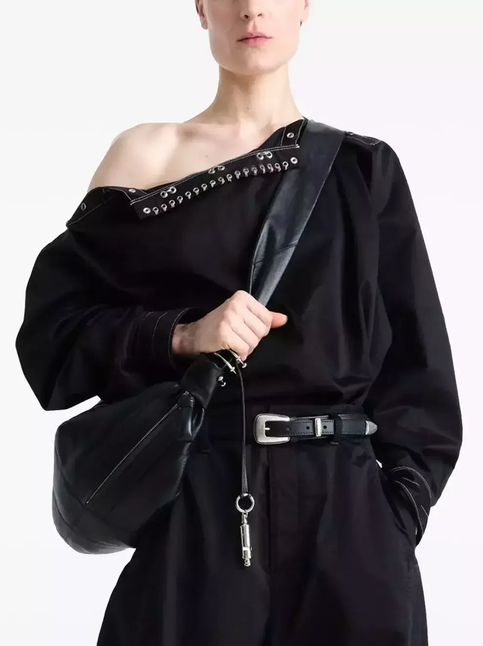 Rivet-Embellished High-Neck Black Blouse - Tops