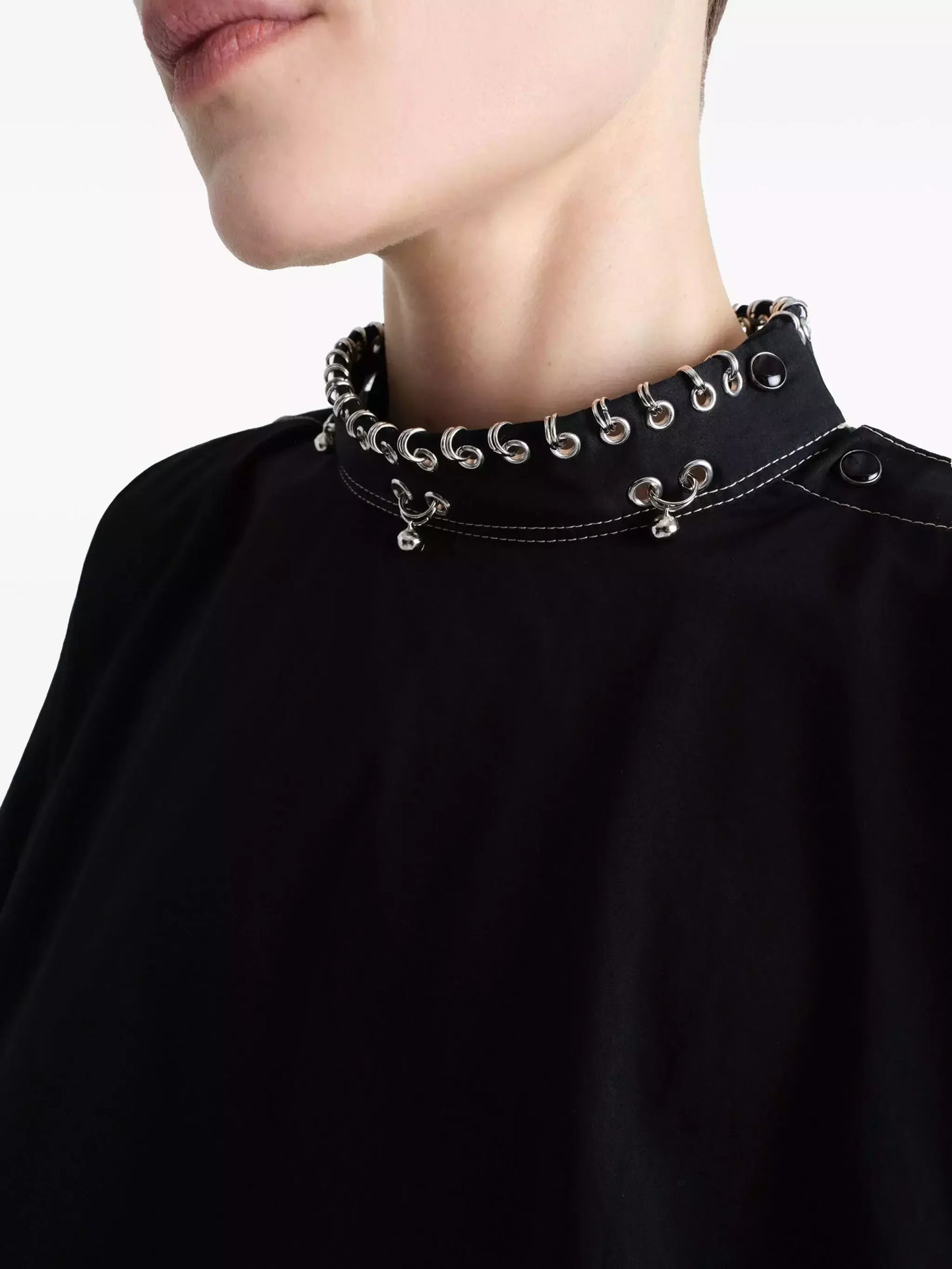 Rivet-Embellished High-Neck Black Blouse - Tops
