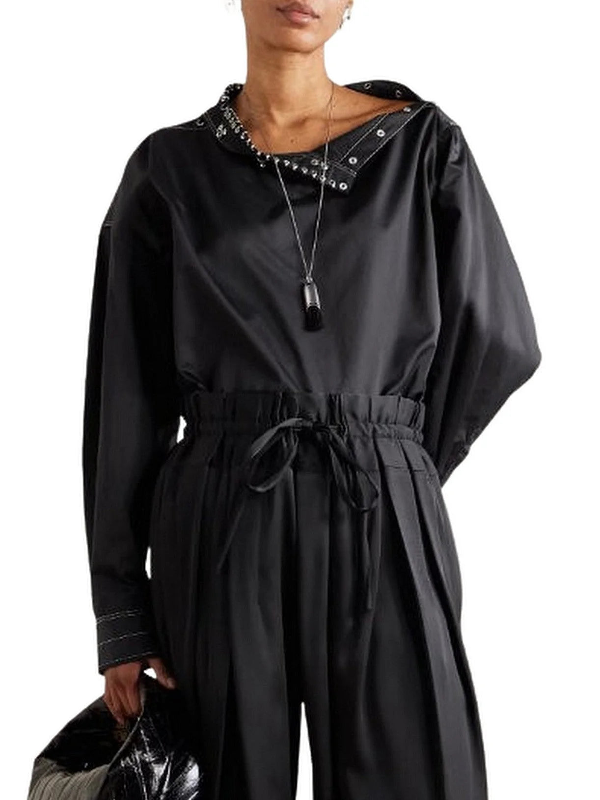 Rivet-Embellished High-Neck Black Blouse - Tops