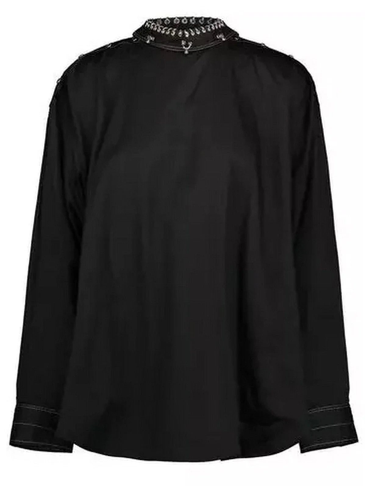 Rivet-Embellished High-Neck Black Blouse - Small - Tops