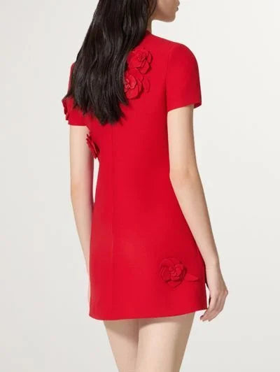 Rose-Appliqué Mini Dress in Red - Dresses