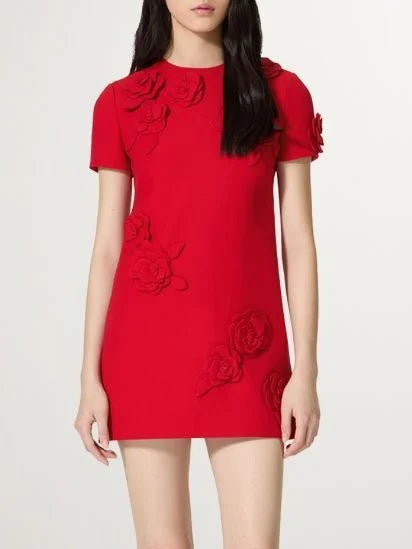 Rose-Appliqué Mini Dress in Red - Dresses