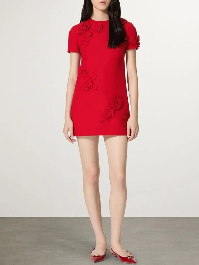 Rose-Appliqué Mini Dress in Red - Dresses