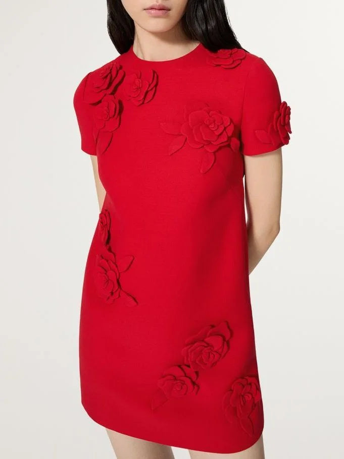 Rose-Appliqué Mini Dress in Red - Dresses