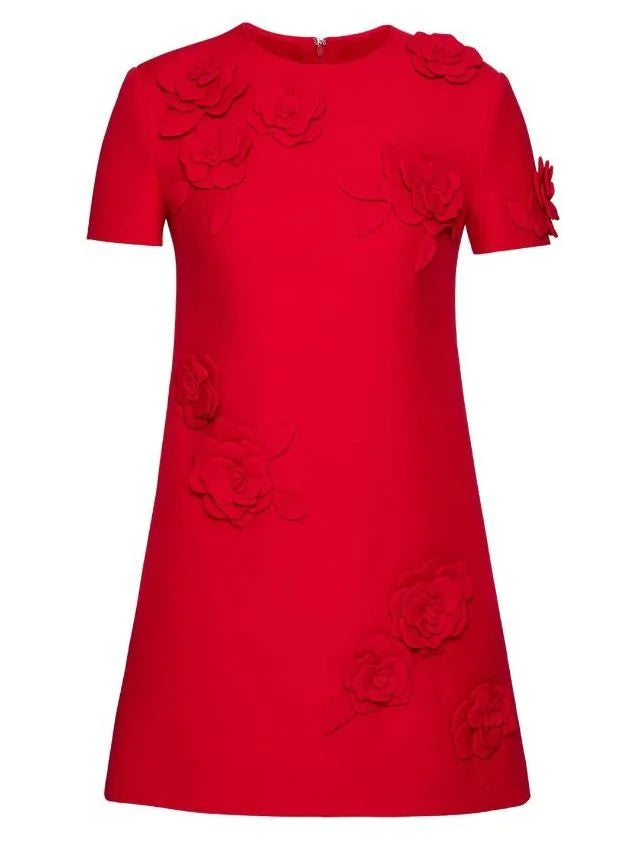 Rose-Appliqué Mini Dress in Red - Dresses