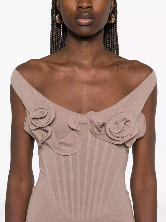 Rose Appliques Corset Fitted Dress in Light Taupe - Dresses