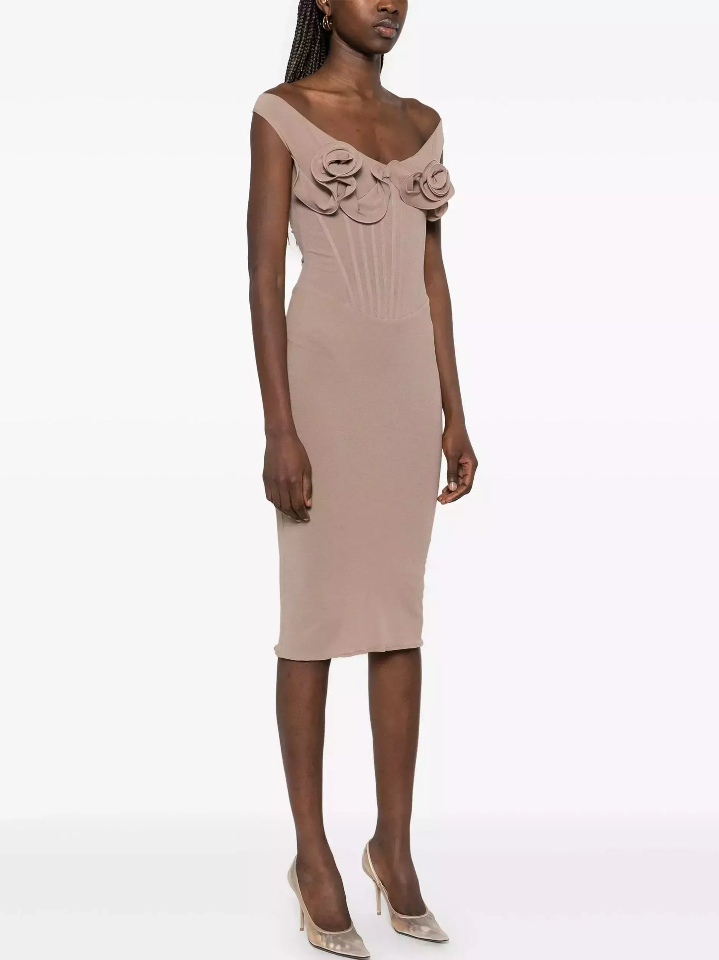 Rose Appliques Corset Fitted Dress in Light Taupe - Dresses