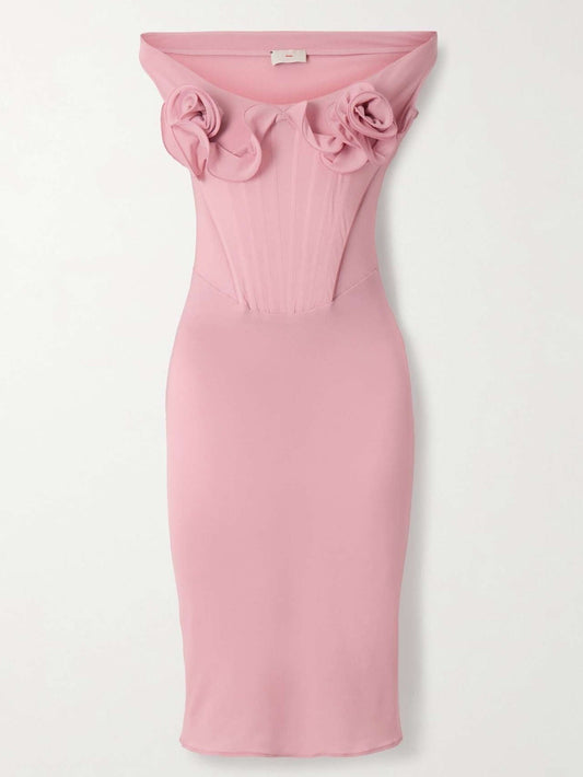 Rose Appliques Corset Fitted Dress in Pink - Dresses