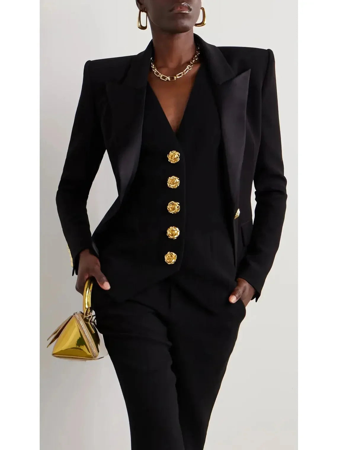 Rose Buttoned Black Double Crepe Vest - Jackets