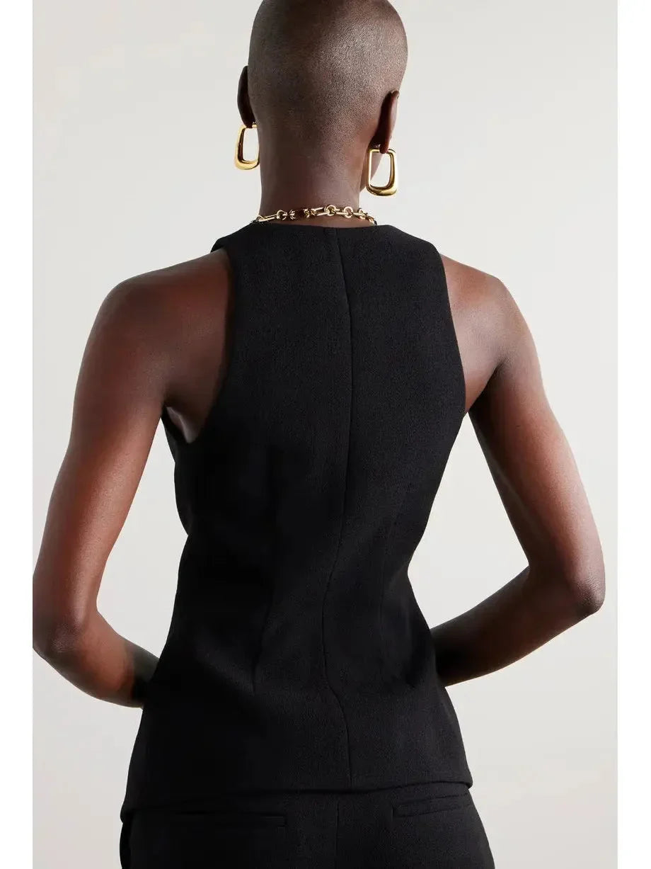 Rose Buttoned Black Double Crepe Vest - Jackets