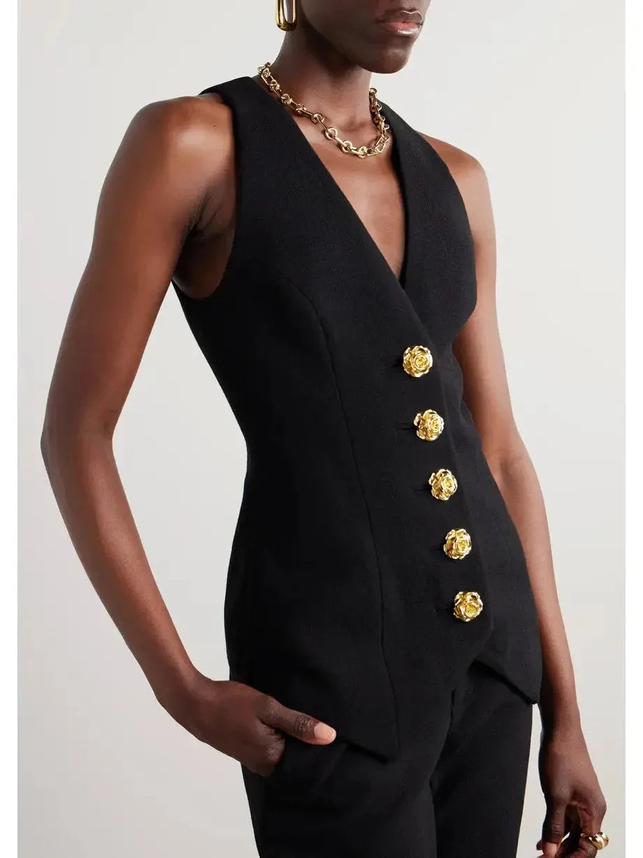 Rose Buttoned Black Double Crepe Vest - Jackets