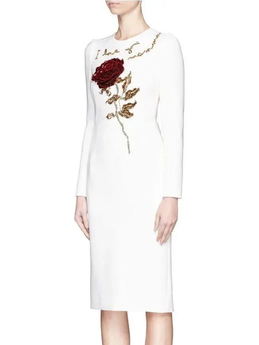 Rose Embellished Dress-White - Dresses