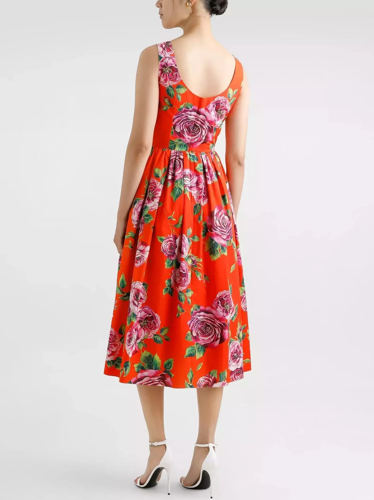 Rose Print Fit and Flared Pleated Midi Dress - Dresses