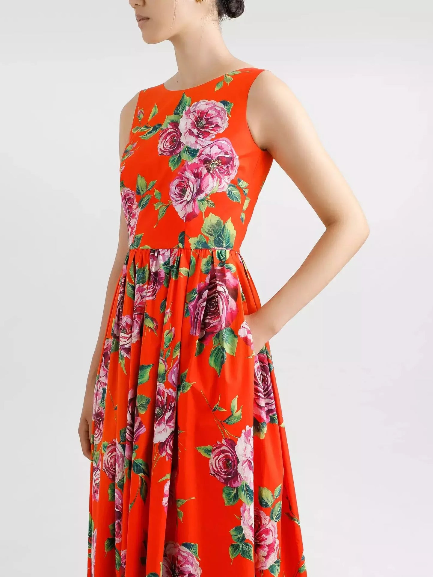 Rose Print Fit and Flared Pleated Midi Dress - Dresses