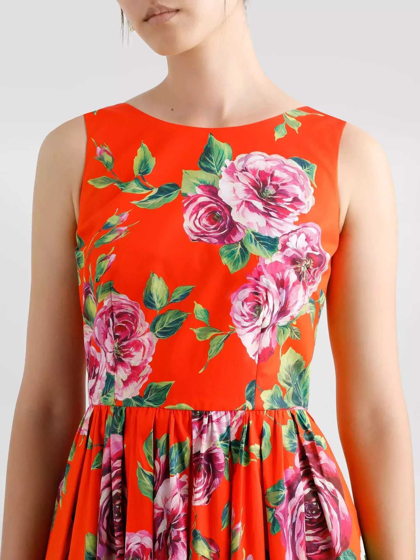 Rose Print Fit and Flared Pleated Midi Dress - Dresses