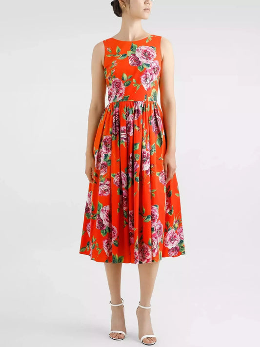 Rose Print Fit and Flared Pleated Midi Dress - Dresses