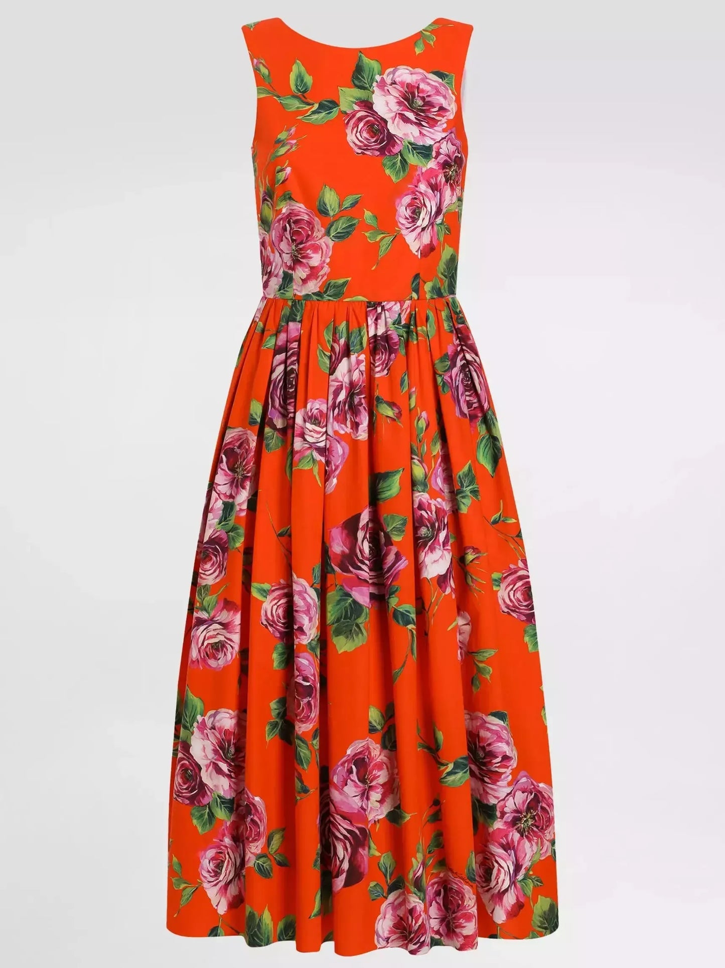 Rose Print Fit and Flared Pleated Midi Dress - Dresses