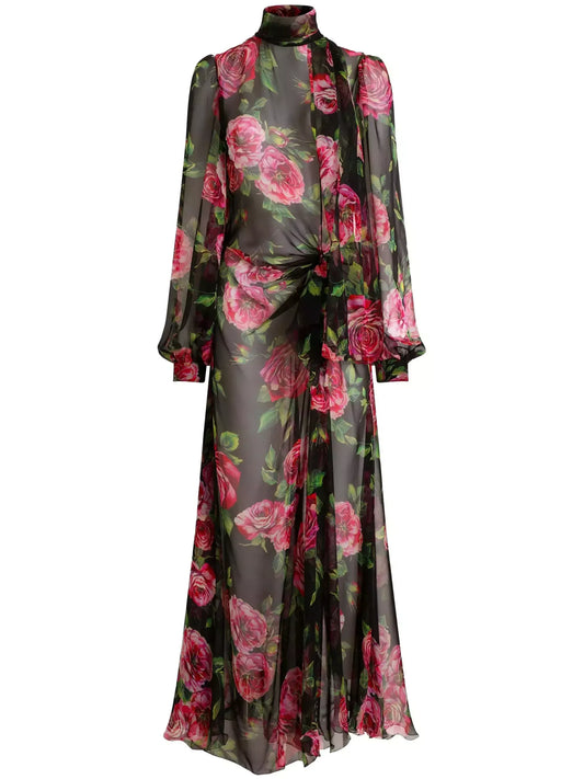 Rose Print Silk Chiffon Gown with Neck Scarf - Dresses