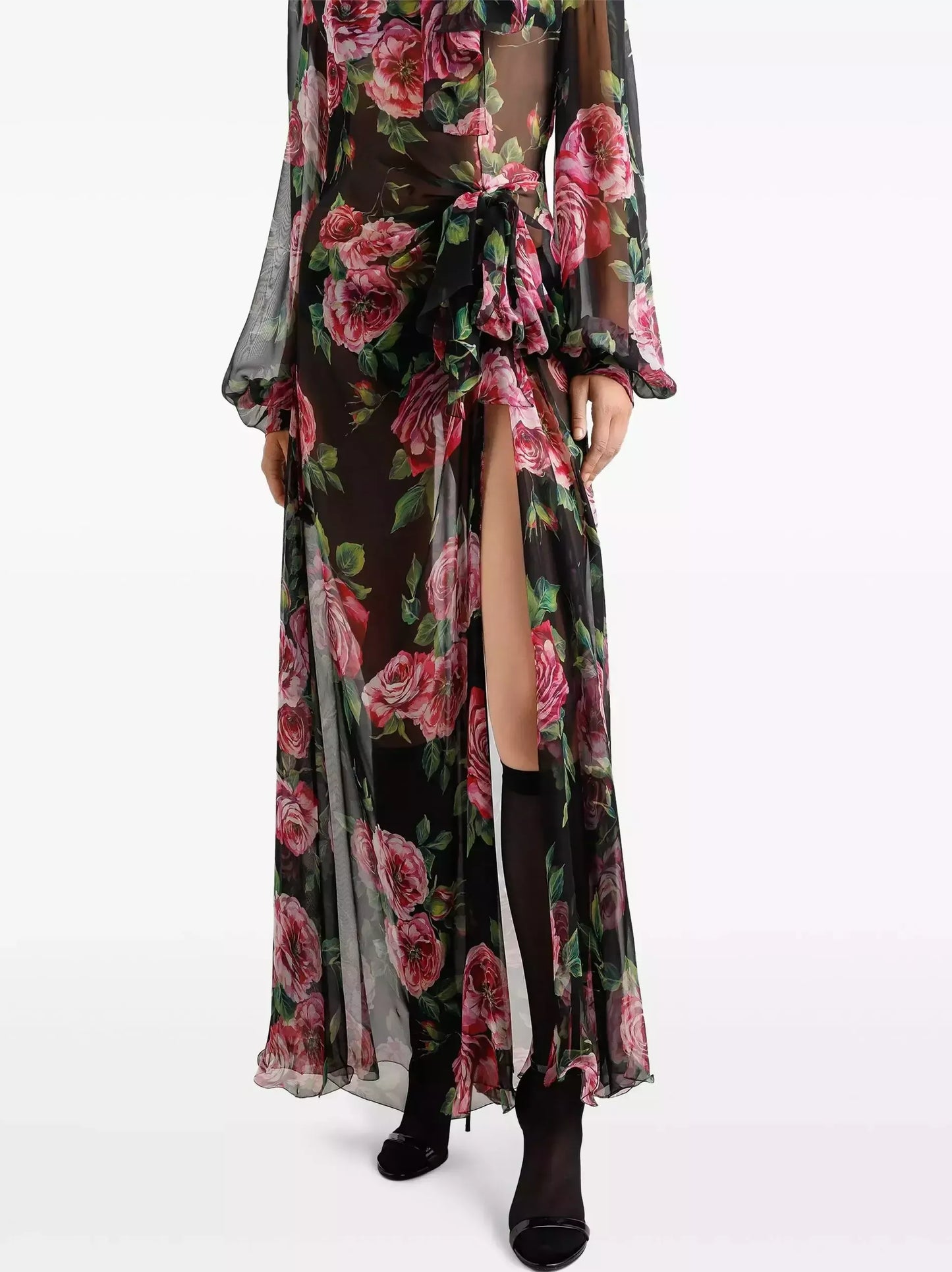 Rose Print Silk Chiffon Gown with Neck Scarf - Dresses