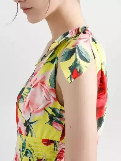 Rose Print V-Neck Dress with Shoulder Ties - Dresses