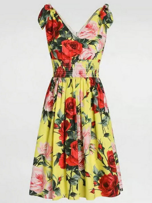 Rose Print V-Neck Dress with Shoulder Ties - Dresses