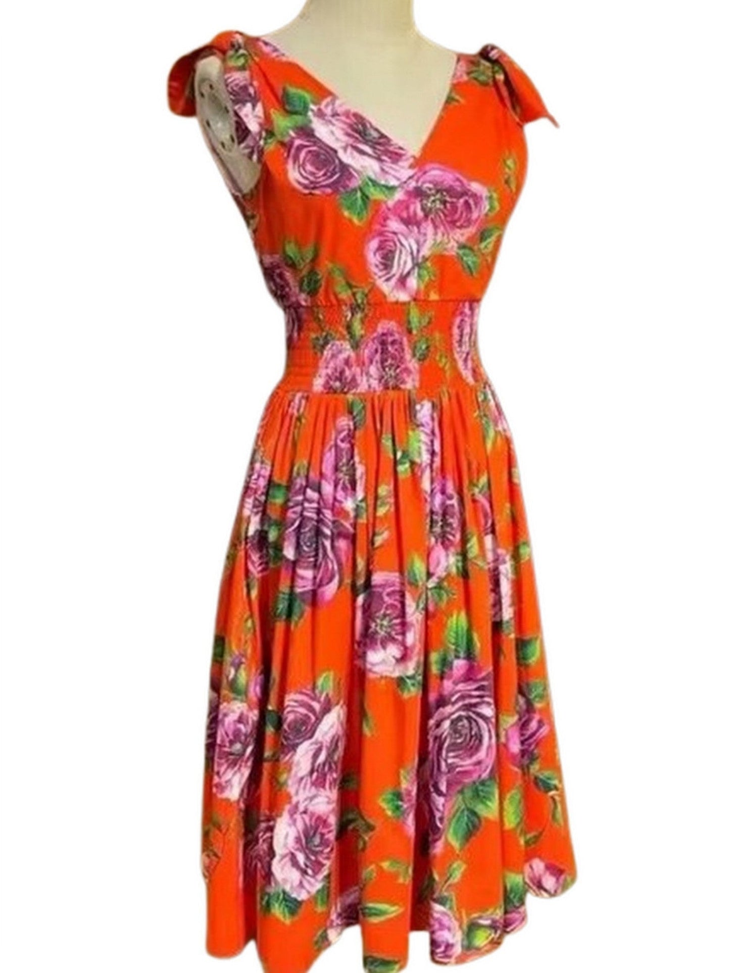 Rose Print V-Neck Smocked-Waist Dress - Dresses